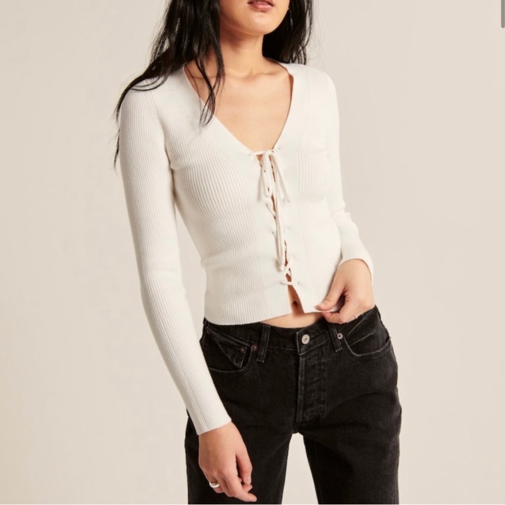 Abercrombie & Fitch Elevated Knit Slim Lace-Up Cardigan White (Size XS)